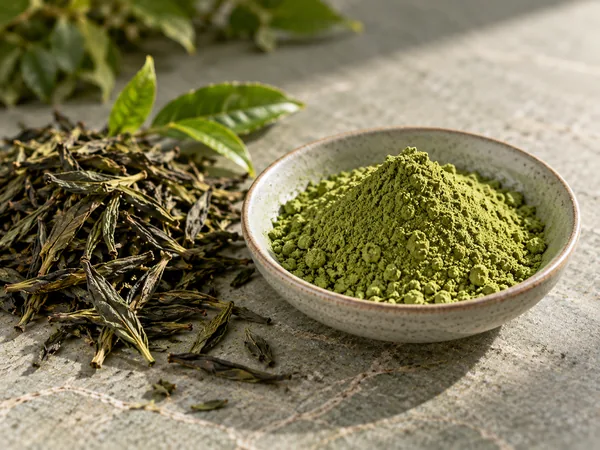 Foglie di tè verde essiccate accanto a estratto in polvere