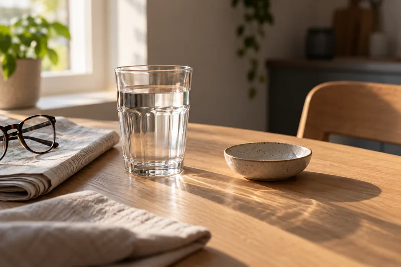 Bicchiere d’acqua e piccola ciotola su un tavolo di legno con luce laterale